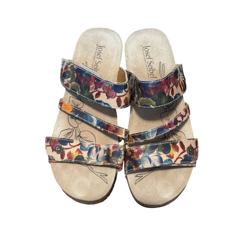 Josef Seibel Floral Multi Strap Comfort Sandals Size 40 Leather Slip On